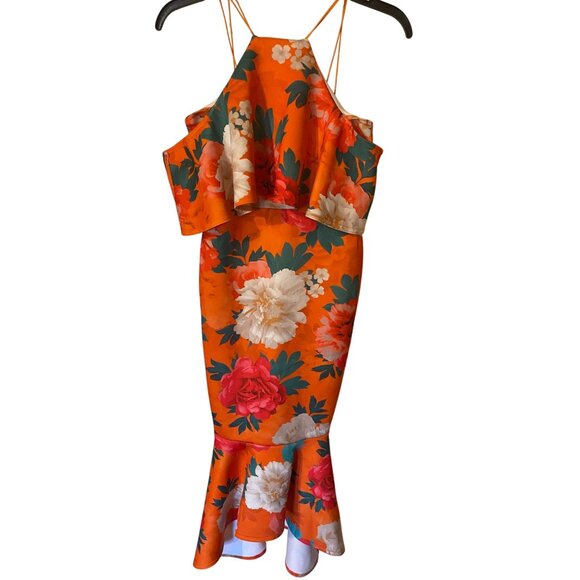 ASOS Floral Print Orange Midi Dress With Ruffle Detail - Picture 6 of 9